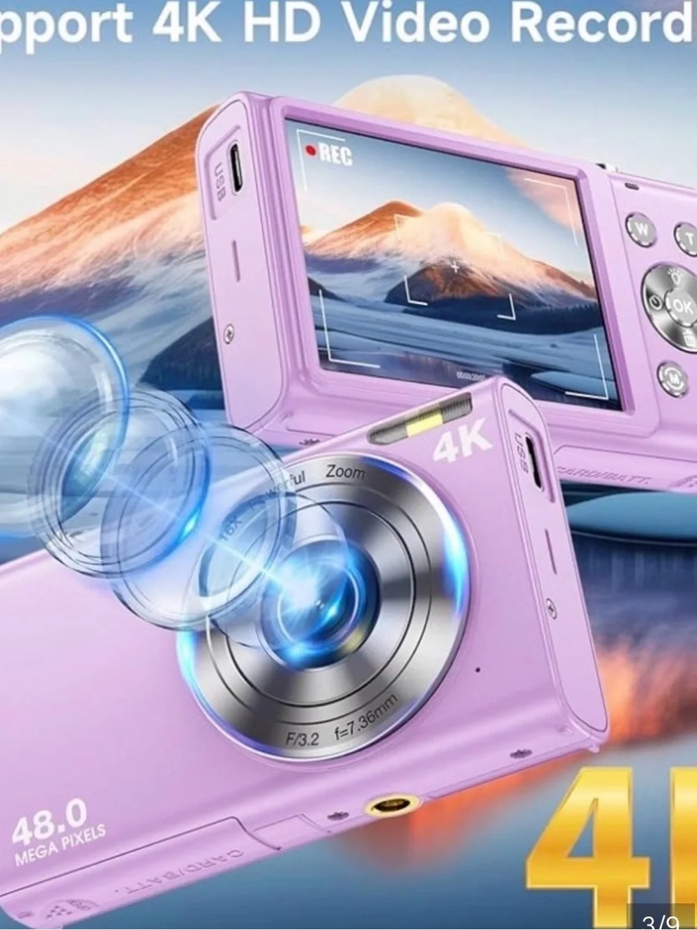 Purple 4K Digital Camera 📸 48MP Point & Shoot | Model DC402